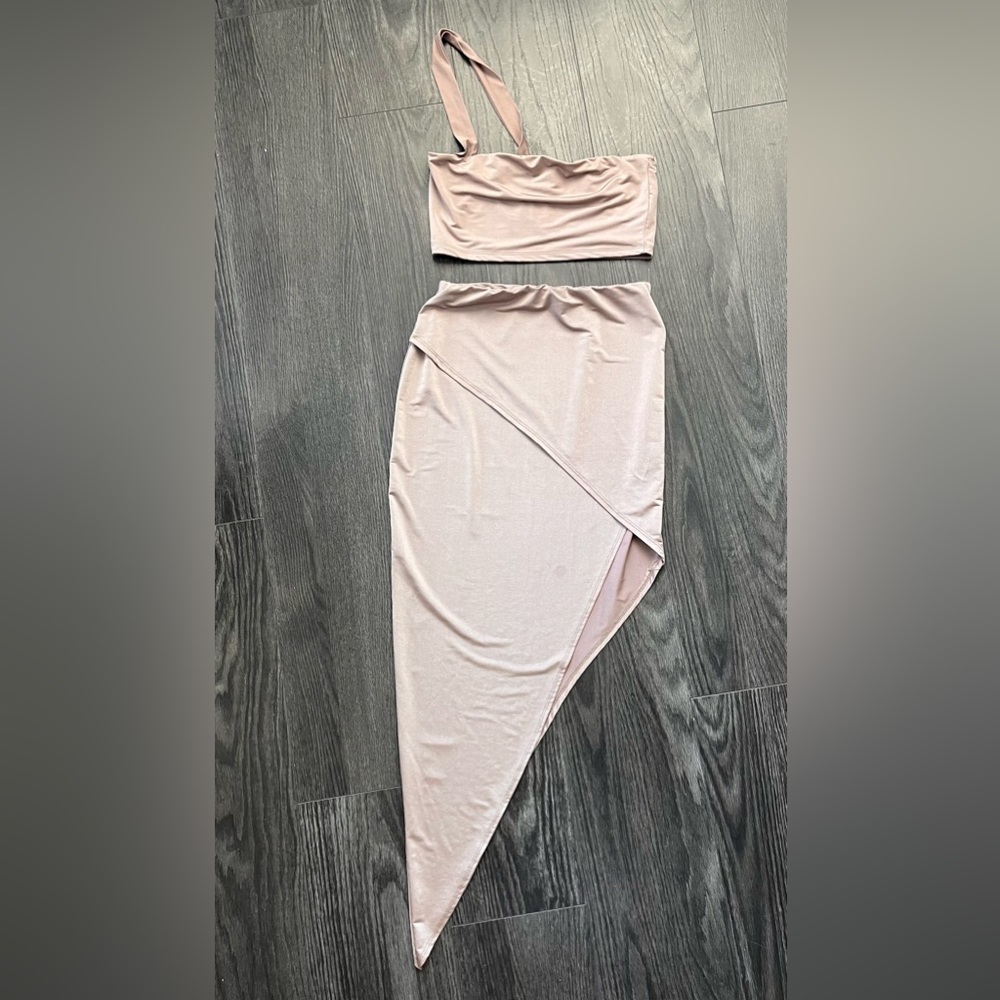 Bronze pastel 2 piece silk set. Asymmetrical skirt and cropped 1 shoulder top.